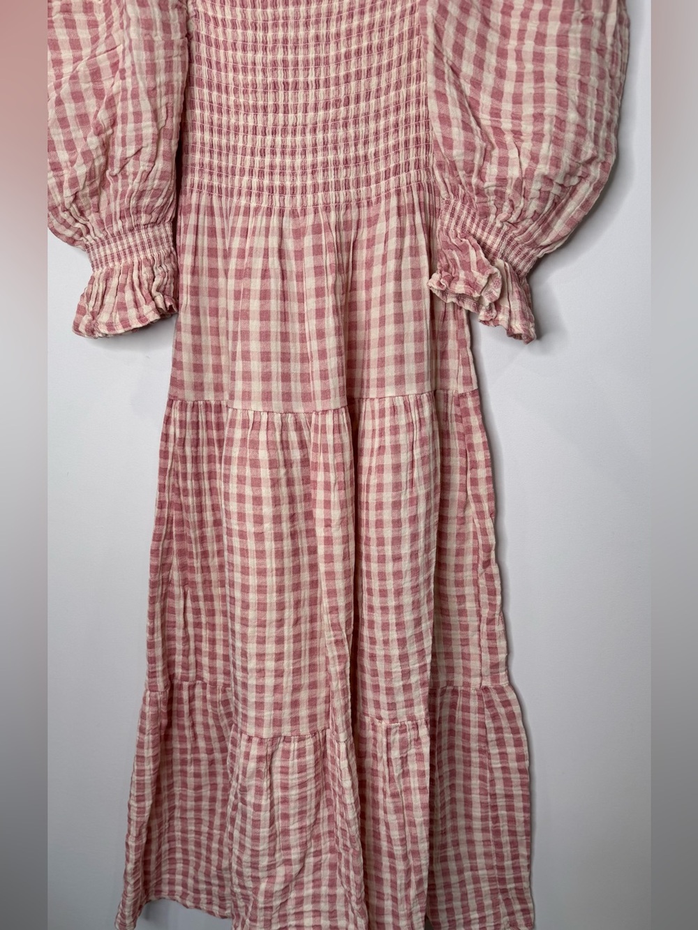 Nothing fits but Kiko Smocked Puff-Sleeve Gingham Maxi Dress Pink sz small - Picture 6 of 9